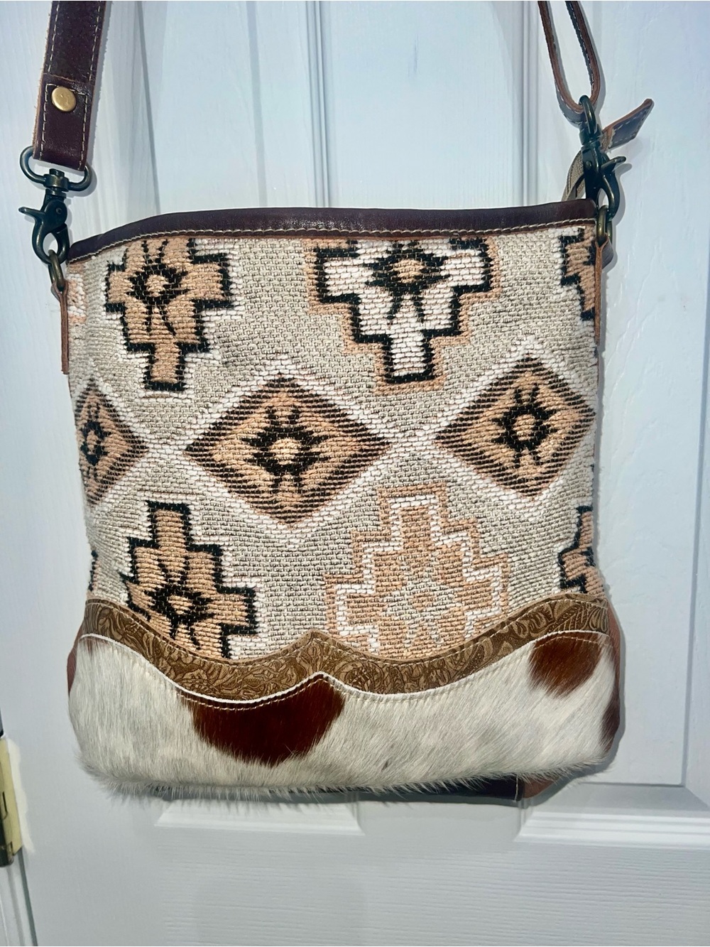 Myra Bag Beige and Brown Southwestern Crossbody with Hair-On Hide Trim